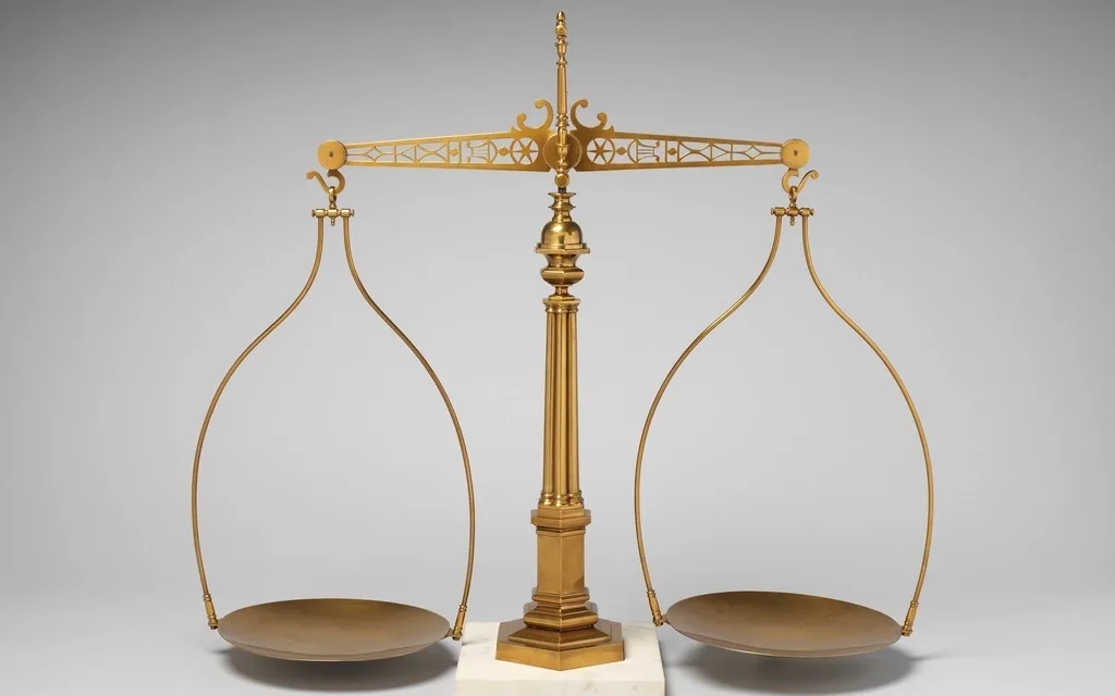 Eine antike Balkenwaage aus Messing mit zwei leeren Schalen vor grauem Hintergrund